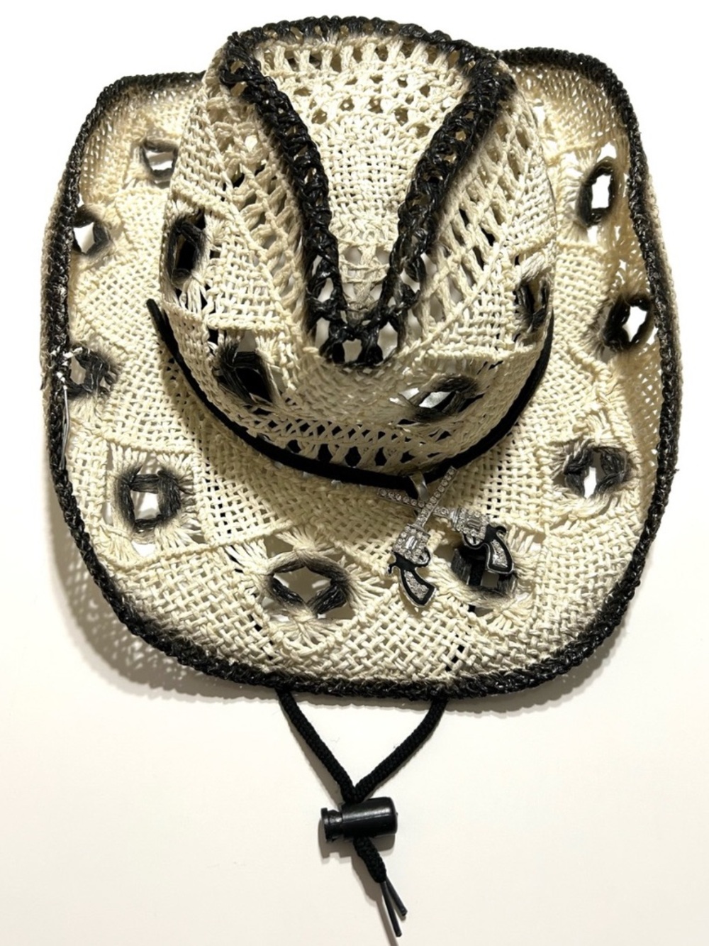 Handmade Straw Cowgirl Hat with Black Trim and Chin Cord